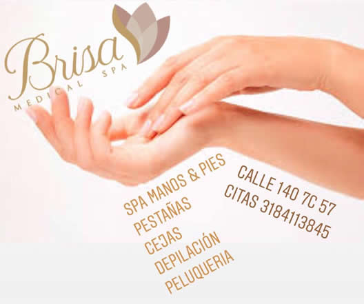 Brisa Medical Spa, Centro de Estética Facial y Corporal, barrio Cedritos, norte de Bogotá.  Masajes Relajantes, Masaje Descontracturante, Reflexología, Masajes para Pareja, Masaje Cráneo Facial, Tratamientos Corporales, Masaje Terapéutico, Tratamientos Faciales, Jacuzzi y Sauna, Cejas, Pestañas y Depilación, Estética Facial y Corporal, Moldeadores y Deportivos, Bronceado, Spa Manos y Pies, Peluquería, Medicina Estética.
