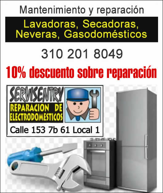 Cedritos, Bogotá. Reparación, arreglo, mantenimiento, servicio técnico de lavadoras, refrigeradores, neveras, hornos, secadoras, gasodomésticos, otros. Domicilio. Servisentry. Whirpool, Challenger, Samsung, LG, General Electric, Maytag, Kenmore.