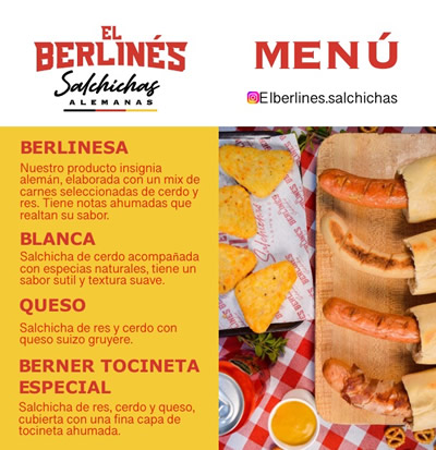 El Berlinés Salchichas Alemanas, chalet alemán en el barrio Cedritos, norte de Bogotá.  Venta de salchicha alemana, venta de cerveza alemana Erdinger, venta de Pretzel o Bretzels.