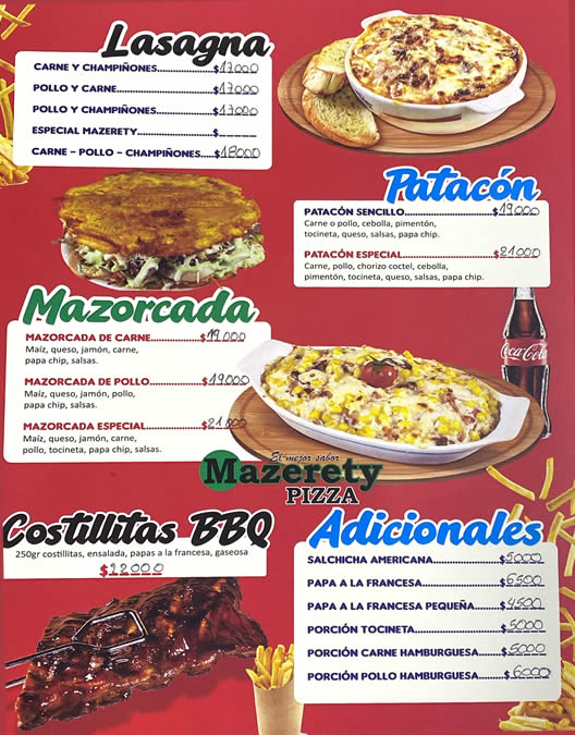 Mazerety PIZZA - El Mejor Sabor. Cedritos, Bogota. Domicilios norte. Pizza, pizzería, perros, lasagna, salchipapa, hamburguesas, arepas rellenas, mazorcada, costillitas bbq.