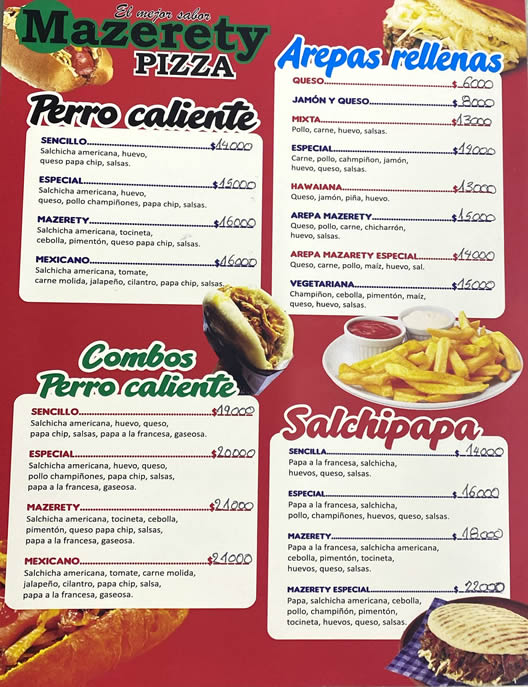 Mazerety PIZZA - El Mejor Sabor. Cedritos, Bogota. Domicilios norte. Pizza, pizzería, perros, lasagna, salchipapa, hamburguesas, arepas rellenas, mazorcada, costillitas bbq.