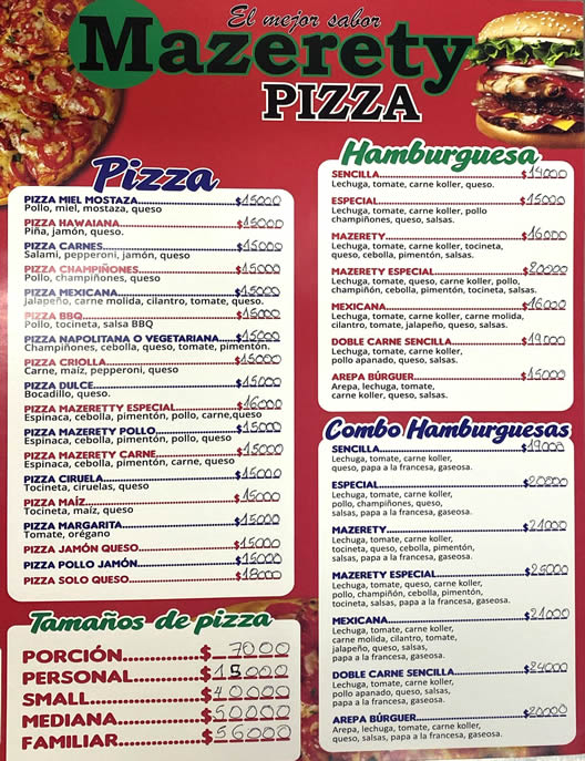 Mazerety PIZZA - El Mejor Sabor. Cedritos, Bogota. Domicilios norte. Pizza, pizzería, perros, lasagna, salchipapa, hamburguesas, arepas rellenas, mazorcada, costillitas bbq.