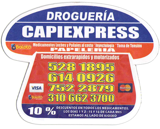 Domicilios Droguería Capiexpress - Capi Express. Barrio Cedritos, norte de Bogotá. Domicilios medicamentos, drogas. Inyectología. Punto Baloto. Recargas Tu llave y movil. Toma de tensión. Pañales, leches, papelería. Datafono. Domicilio gratis.
