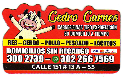 Cedro Carnes, Calle 151 No. 13 A - 55, Servicio a domicilio barrio Cedritos, Cedro Golf, Cedritos Capri, norte de Bogotá.  Domicilios Venta de carnes finas tipo exportación, carne de res, pollo, pescado, cerdo, lácteos. Carnicería, Salsamentaria, leche, huevos.