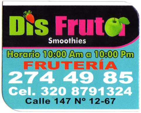 Dis Fruta - Smoothies. Frutería, Cedritos, Bogotá. Servicio a domicilio gratis.  Ensalada de frutas, Zumos, Granizados, Malteadas, Cocteles de frutas, Banana split, Fresas con crema, Festival de frutas, Brownie con helado, Smoothies.