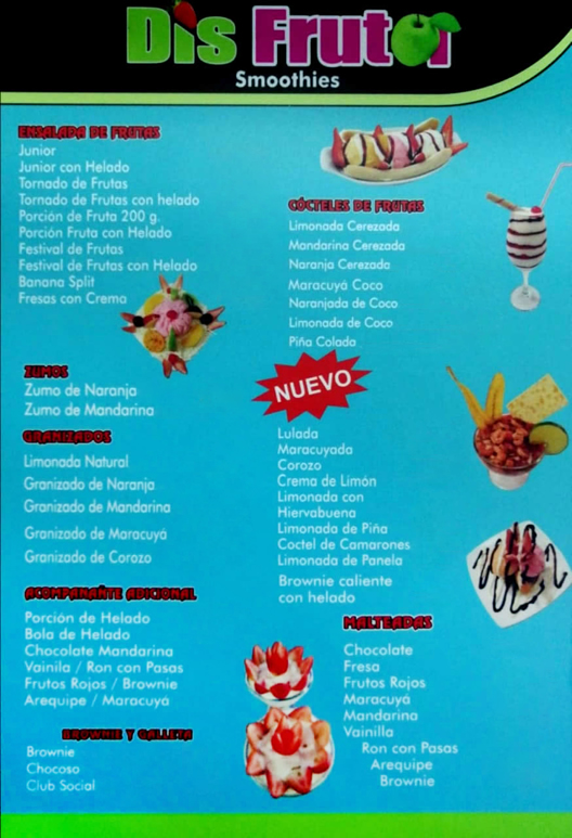 Dis Fruta - Smoothies. Frutería, Cedritos, Bogotá. Servicio a domicilio gratis.  Ensalada de frutas, Zumos, Granizados, Malteadas, Cocteles de frutas, Banana split, Fresas con crema, Festival de frutas, Brownie con helado, Smoothies.