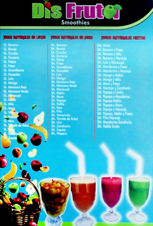 Dis Fruta - Smoothies. Frutería, Cedritos, Bogotá. Servicio a domicilio gratis.  Ensalada de frutas, Zumos, Granizados, Malteadas, Cocteles de frutas, Banana split, Fresas con crema, Festival de frutas, Brownie con helado, Smoothies.