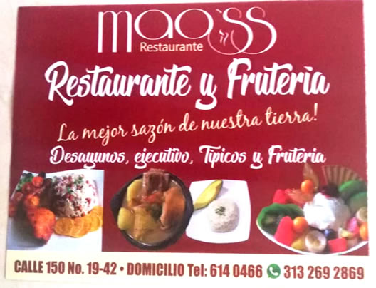 Restaurante Mao'ss. Cedritos, norte de Bogotá. Domicilios. Platos ejecutivos y especiales. Barra de ensaladas. Helados, postres.