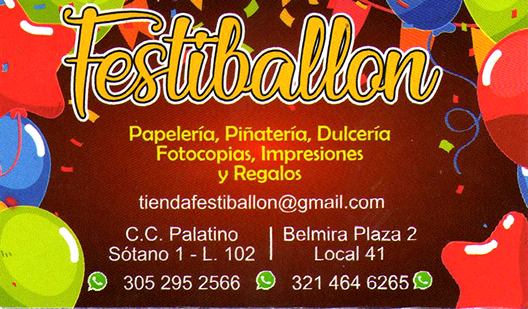Festiballon Barrio Cedritos Belmira norte de bogotá. Papelería, Piñatería, Dulcería, Fotocopias, Impresiones, Regalos.  Centro Comercial PALATINO. Belmira Plaza.