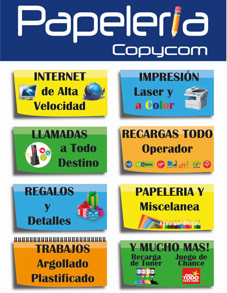 Papelería Copycom. Barrio Cedritos, norte de Bogotá.  Servicios de papelería, miscelánea, Mantenimiento computadores, punto de PagaTodo.  Papelería, útiles, piñatería, impresiones, impresión laser.  Trabajos y diseño en computador, volantes, carnets de identificación, argollado y laminación.  Punto de PagaTodo, pago de recibos de servicios públicos, giros nacionales, chance, baloto, SOAT y otros servicios.  Servicio técnico, mantenimiento y reparación de computadores, celulares e impresoras. Recarga de cartuchos de tinta y tóner.