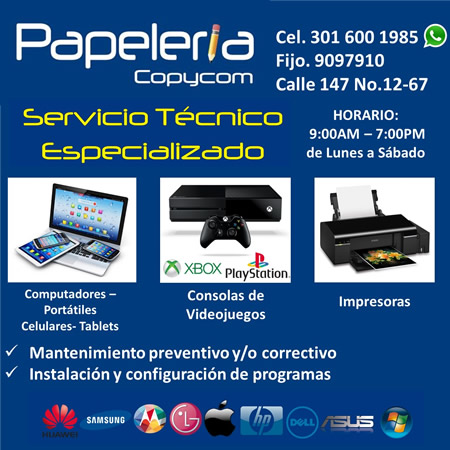 Papelería Copycom. Barrio Cedritos, norte de Bogotá.  Servicios de papelería, miscelánea, Mantenimiento computadores, punto de PagaTodo.  Papelería, útiles, piñatería, impresiones, impresión laser.  Trabajos y diseño en computador, volantes, carnets de identificación, argollado y laminación.  Punto de PagaTodo, pago de recibos de servicios públicos, giros nacionales, chance, baloto, SOAT y otros servicios.  Servicio técnico, mantenimiento y reparación de computadores, celulares e impresoras. Recarga de cartuchos de tinta y tóner.