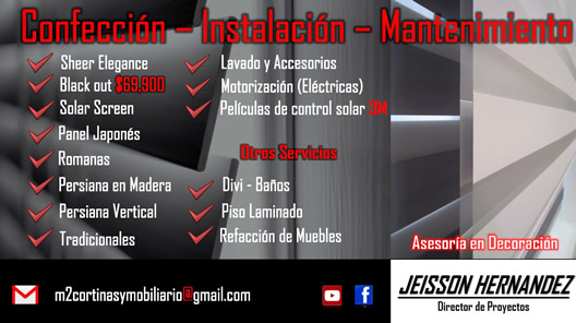 M2 Cortinas y Mobiliario.  Venta y fabricación de repuestos para cortinas.  Mantenimiento cortinas.  Barrio Cedritos, norte de Bogotá.  Accesorios para cortinas. Confección de Cortinas modernas y tradicionales. Cortinas Enrollables tipo Solar screen y Black out.  Fabricación de Persianas en madera y aluminio. Mantenimiento de todo tipo de cortinas.