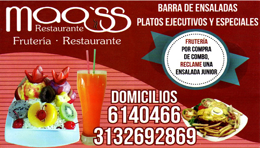 Restaurante Mao'ss. Cedritos, norte de Bogotá. Domicilios. Platos ejecutivos y especiales. Barra de ensaladas. Helados, postres.