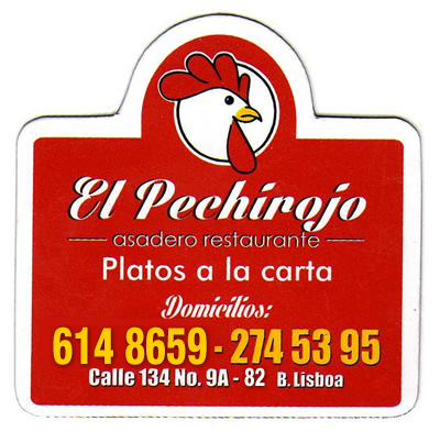 El Pechirojo. Asadero restaurante. Barrio Lisboa - Cedritos, norte de Bogotá. Domicilios pollo asado, pollo broaster, hamburguesas, carnes, pescados, perros calientes, sopas, mazorcas, sandwich.