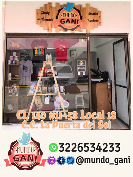 MUNDO GANI, Estampamos en sublimación, vinilo textil, transfer, parches. Barrio Cedritos, norte de Bogotá.  Venta de detalles personalizados, estampados en todo tipo de materiales, camisetas, buzos, gorras, medias, mugs, cojines, cobijas, fundas para almohadas, delantales, llaveros, espejos, cerámicas, piedras, fotoset, láminas, alcancías, padmouse, rompecabezas, colgador de puertas, termos, botones, pulseras, anchetas sorpresas.  Centro Comercial la Puerta del Sol.