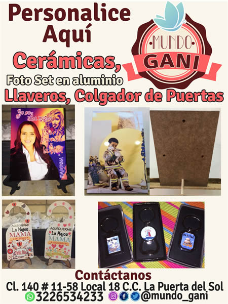 MUNDO GANI, Estampamos en sublimación, vinilo textil, transfer, parches. Barrio Cedritos, norte de Bogotá.  Venta de detalles personalizados, estampados en todo tipo de materiales, camisetas, buzos, gorras, medias, mugs, cojines, cobijas, fundas para almohadas, delantales, llaveros, espejos, cerámicas, piedras, fotoset, láminas, alcancías, padmouse, rompecabezas, colgador de puertas, termos, botones, pulseras, anchetas sorpresas.  Centro Comercial la Puerta del Sol.