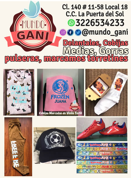 MUNDO GANI, Estampamos en sublimación, vinilo textil, transfer, parches. Barrio Cedritos, norte de Bogotá.  Venta de detalles personalizados, estampados en todo tipo de materiales, camisetas, buzos, gorras, medias, mugs, cojines, cobijas, fundas para almohadas, delantales, llaveros, espejos, cerámicas, piedras, fotoset, láminas, alcancías, padmouse, rompecabezas, colgador de puertas, termos, botones, pulseras, anchetas sorpresas.  Centro Comercial la Puerta del Sol.