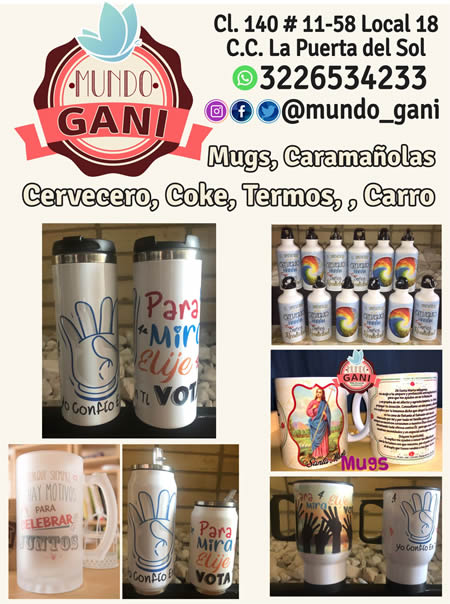 MUNDO GANI, Estampamos en sublimación, vinilo textil, transfer, parches. Barrio Cedritos, norte de Bogotá.  Venta de detalles personalizados, estampados en todo tipo de materiales, camisetas, buzos, gorras, medias, mugs, cojines, cobijas, fundas para almohadas, delantales, llaveros, espejos, cerámicas, piedras, fotoset, láminas, alcancías, padmouse, rompecabezas, colgador de puertas, termos, botones, pulseras, anchetas sorpresas.  Centro Comercial la Puerta del Sol.