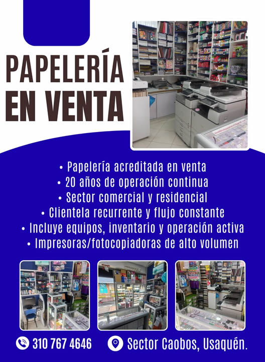 Venta de papelería ubicada en el barrio Cedritos, norte de Bogotá.  Oportunidad de inversión.  Acreditada. Oportunidad de negocio. Sector Caobos. Usaquén.