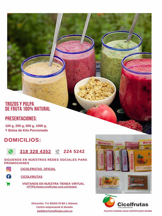 Cicolfrutas - Fruta y Pulpa de Fruta.  Fruutería. Venta de trozos y PULPAS CONGELADAS FRUTA - CERTIFICADO INVIMA.  Servicio a domicilio: pulpa de maracuya, pulpa de limón, pulpa de papaya, pulpa de mango, pulpa de mandarina, pulpa de lulo, pulpa de ciruelas, pulpa de curuba, pulpa de gulupa.  Pulpa para jugos naturales en Bogotá, Colombia. Barrio Cedritos.  Norte de Bogotá.